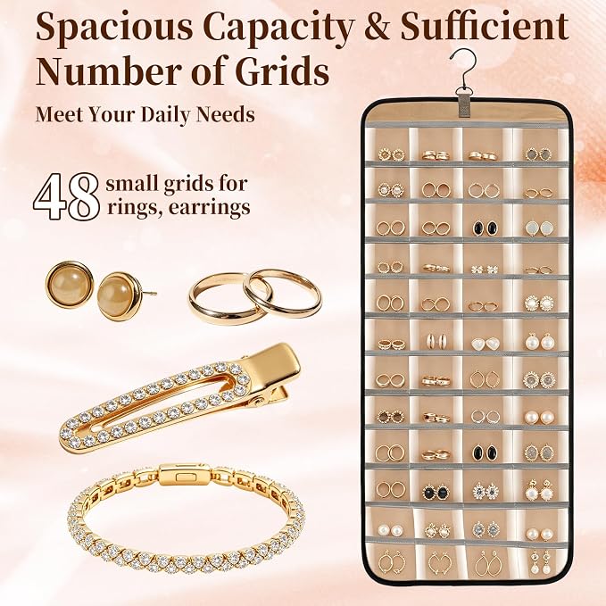 Double-Sided Hanging Jewelry Organizer 48 Pockets 21 Hooks Large Black Storage Bag Jewelry Organizer with Hanger for Closet Wall Door Tangle-Free Holder for Earrings Necklaces Rings Bracelets