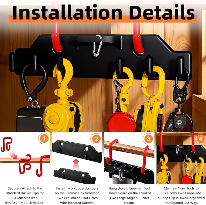 Lineman Tool Board, Line Work Bucket Accessories with 2PCS 3" and2 PCS 2" Aerial Bucket Hooks, Truck Hook Organizer for Heavy Duty Trucks Tool and Lineman