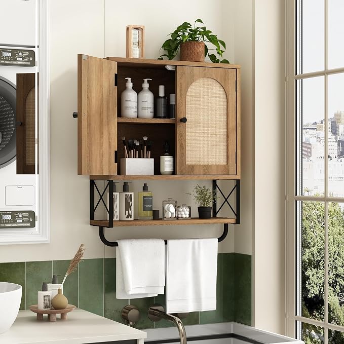 RUSTOWN Rattan Bathroom Wall Cabinet, Boho Over The Toilet Storage Cabinet | Arched Rattan Doors, Modern Medicine Cabinet, Adjustable Shelves, Towel Bar, Rustic Oak