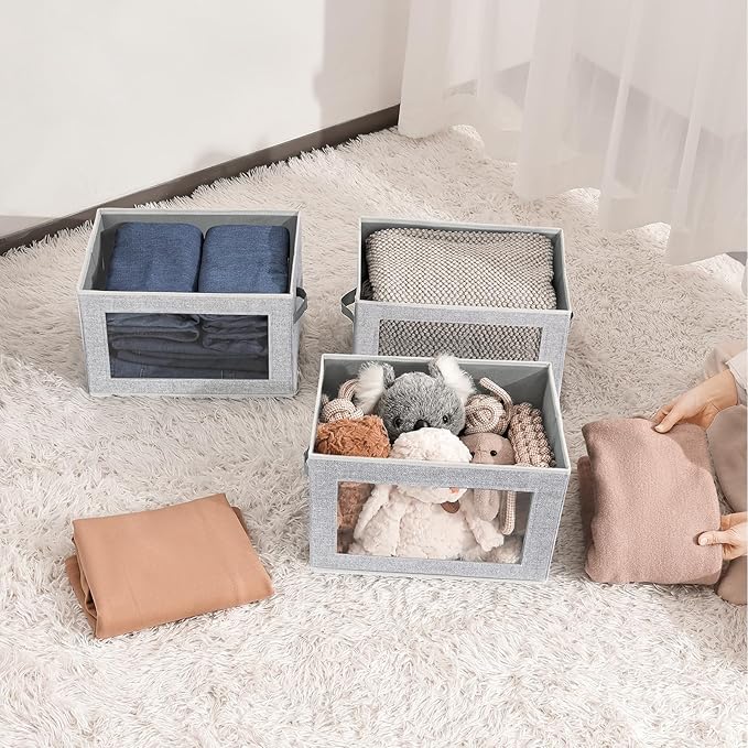 Homsorout Storage Baskets with Lids, 4 Pack Large Box Organizer with Window, Fabric Storage Cubes Bins for Closet, Collapsible Organizer Bins for Bedroom, Living Room, Dorm, Blended