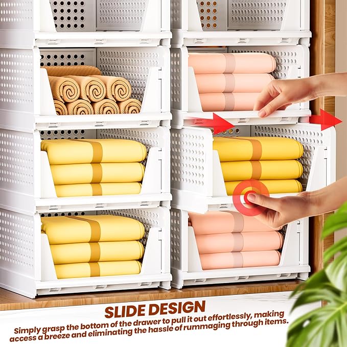 Mavivegue 4 Pack Stackable Closet Storage, Plastic Drawer Basket,Closet Organizers Storage Box for Cupboard,Bedroom, Kitchen, Bathroom, Office White
