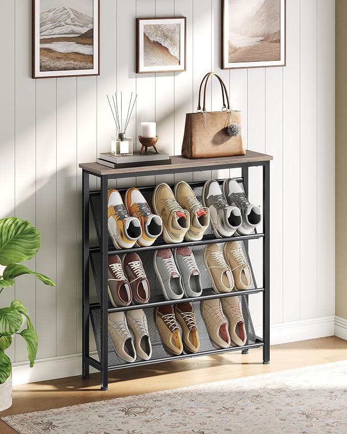 CHOEZON Shoe Rack, 4-Tier Slanted Shoe Storage Shelf, Narrow Shoe Rack for Entryway, Shoe Organizer with Adjustable Feet, Slim Shoe Shelf with Wooden Top and Metal Frame, Greige and Black TXJ75BG