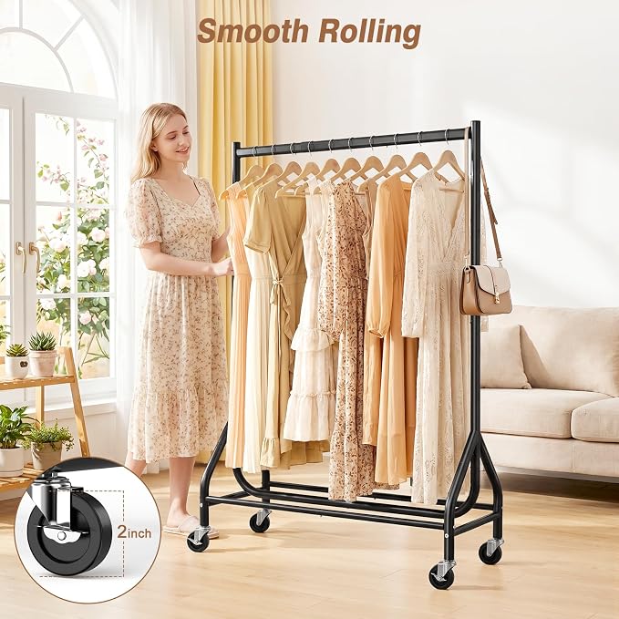 EAGMAK Heavy Duty Clothes Rack Load 268 LBS, 31.5 inch Hanging Rod, Black | Metal Frame, Stable Base, Compact Size, Rolling Smooth, For Bedroom Closet Entryway Laundry Living Room Home Garage Storage
