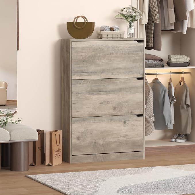 Wodeer Narrow Shoe Cabinet for Entryway, Slim Shoe Storage Cabinet with 3 Flip Drawers, Hidden Wood Shoe Cabinet Storage, Freestanding Shoe Rack Organizer Foyer, Hallway, Grey
