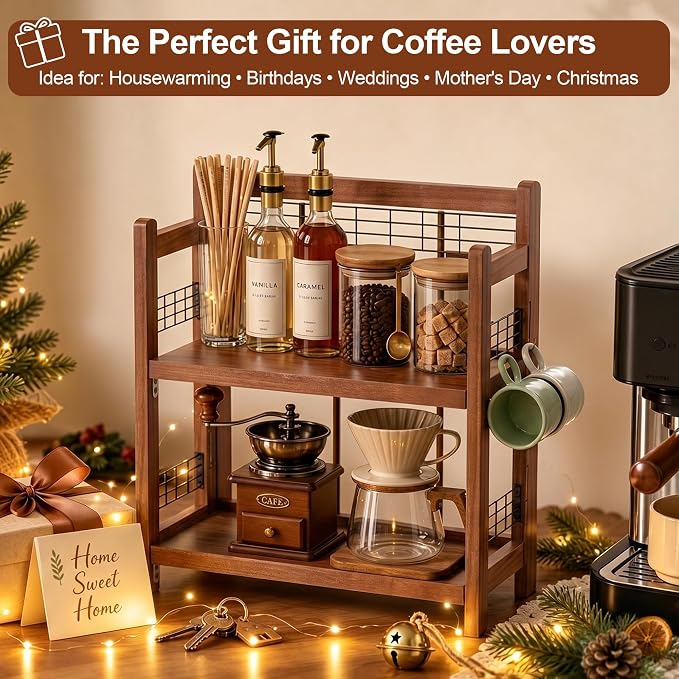 No-Assembly Coffee Bar Organizer, 2-Tier Coffee Station Shelf | Foldable Oak Wood Shelf, Coffee Station Accessories Storage for Syrup, 3 Hooks for Mugs, Kitchen Countertop Organizer, Walnut