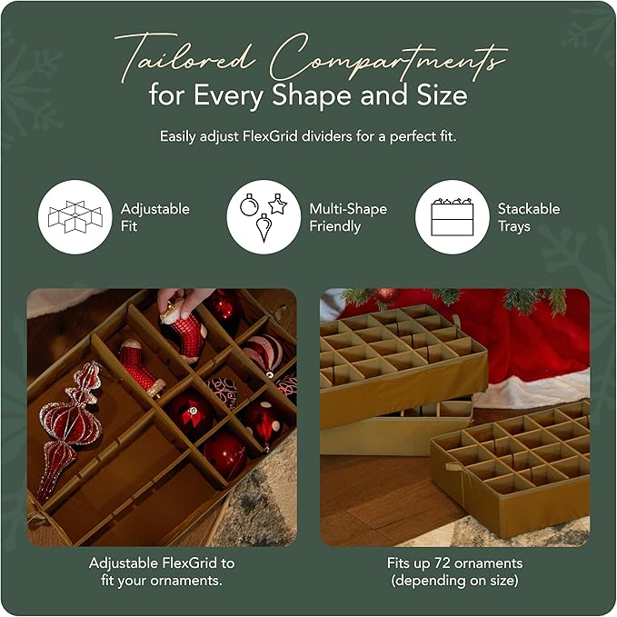 Covermates Keepsakes Adjustable Ornament Storage Box – Heavy-Duty Polyester, Padded Dividers & FlexGrid Trays – Protective Holiday Organizer with Stackable Walls & Label Window, Green