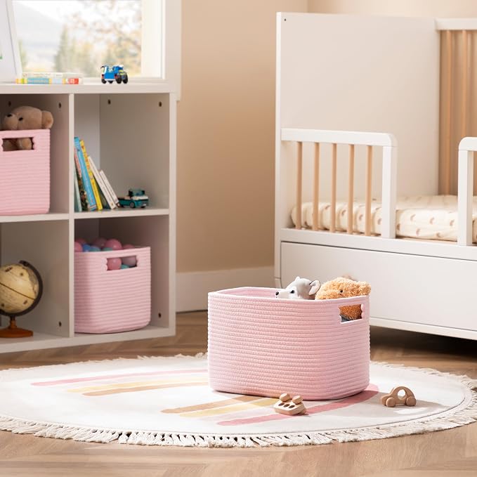 4 Pack Storage Baskets for Organizing, Shelf Baskets with Handles, Pink | 14.5"L x 9.8"W x 9"H, Woven Basket, Cotton Rope Basket, Toy Storage, Cube Shelf, Gift Baskets Empty, Home Decor