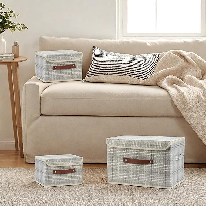 Storage Boxes with Lid 3D Textured Fabric Storage Bins Closet Organizer Containers Decorative Collapsible Washable Shelf Baskets with Faux Leather Handles (Silver Gray, Small Size)