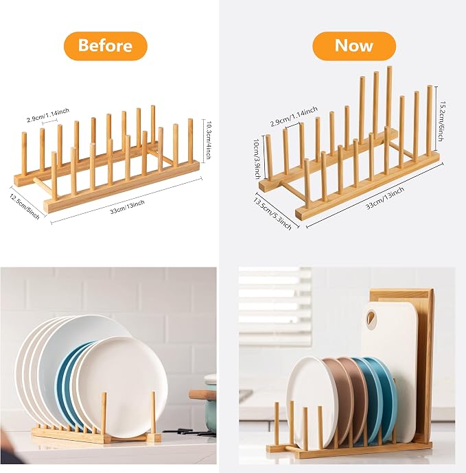 HBlife 4pcs Heighten Bamboo Wooden Dish Drying Rack Plate Pot Lid Organizer | Plate Bowl Cup Book Pot Lid Cutting Board Stand, Drainer Storage Holder Organizer, For Kitchen Cabinet, 8 Slots
