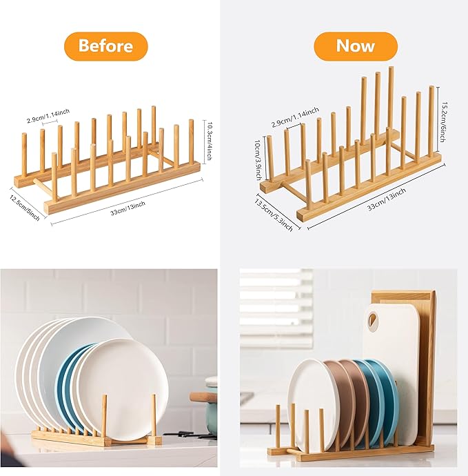 HBlife Heighten Bamboo Wooden Dish Drying Rack Plate Pot Lid Organizer | Plate Bowl Cup Book Pot Lid Cutting Board Stand, Drainer Storage Holder Organizer, For Kitchen Cabinet, 8 Slots