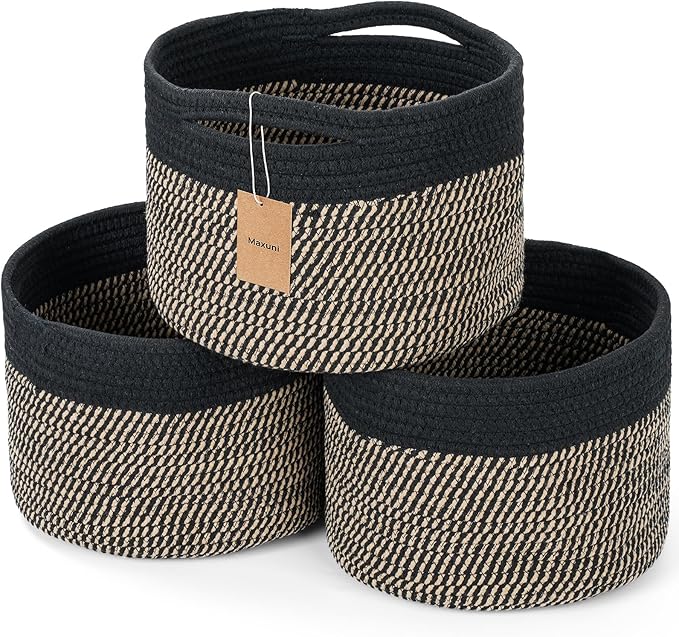 Small Rope Baskets for Storage, Baskets for Gifts Empty, Cute Round Woven Basket, Decorative Shelf Baskets 9.82×9.82×7.1", Cotton Toy Basket Storage Bins for Organizer 3 Packs-Brown+Black