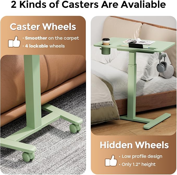 28" Mobile Standing Desk with Drawer, Portable Laptop Desk | Rolling Desk with Cup Holder and Hooks, Height Adjustable Computer Cart with Storage, Lockable & Hidden Wheels, Sage Green