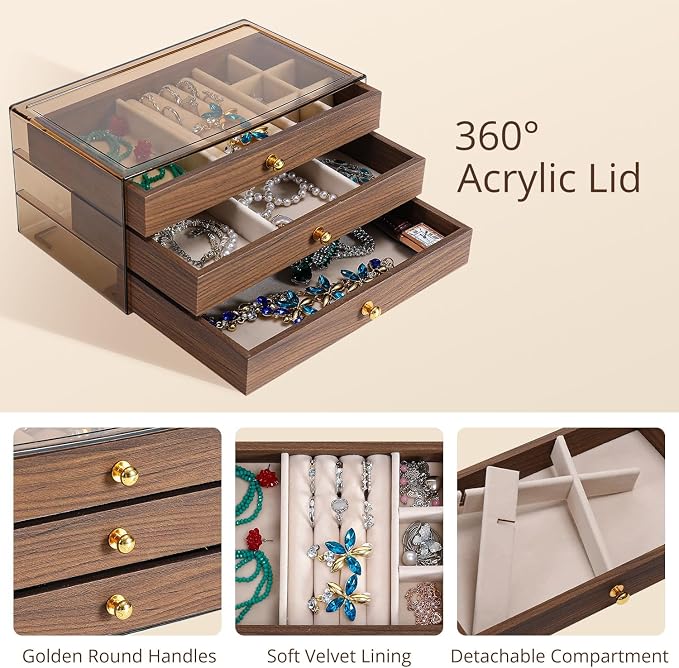 CLUQMEIK 3 Layer Acrylic Case Wooden Drawer Jewelry Organizer with Velvet Lining, Jewelry Box for Women and Girls to Store Rings Earrings Bracelets Necklaces(B)