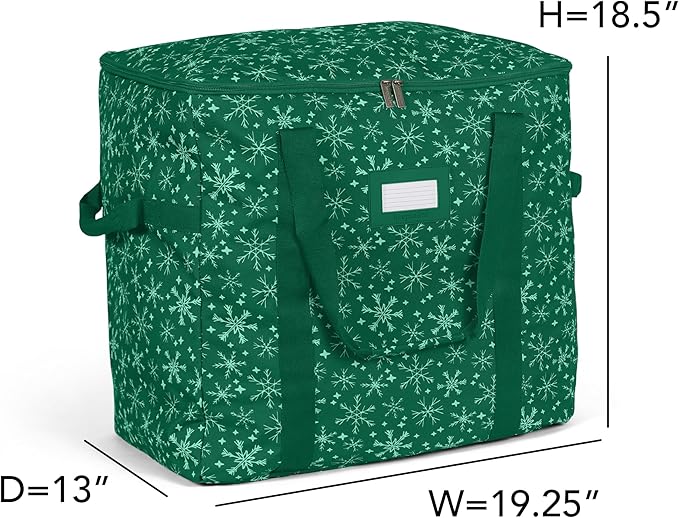 Covermates Keepsakes Adjustable Ornament Storage Bag – Heavy-Duty Polyester, Padded Dividers & FlexGrid Trays – Protective Holiday Ornament Organizer with Handles & Label Window, Green Snowflake