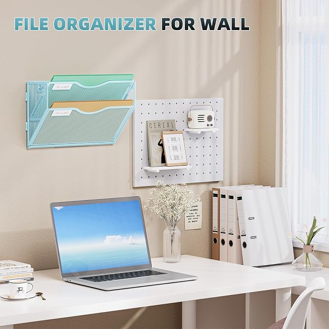 Marbrasse Wall File Holder 2-Tier Hanging Wall File Organizer, Mesh Mail Holder for Papers, Wall Mount File Clipboard & Magazine Organizer Great for Office Home (Blue)