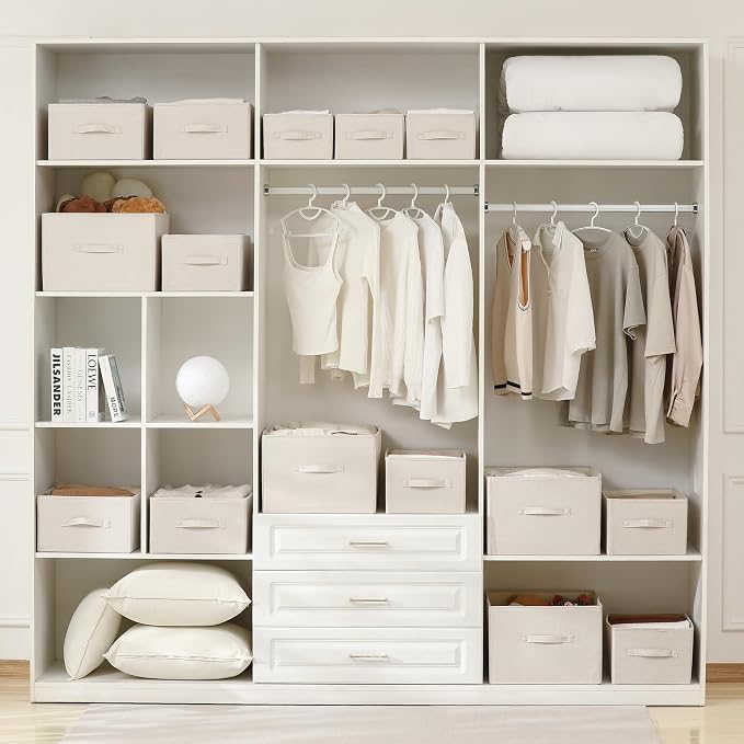 Linen Folding Storage Bins, 3 Pack Large Storage Baskets, Washable, Clothing Storage Bins with Handle, Closet Organizer for Storage Sweater,Sheets (Beige, 16"x9½"x6¾")