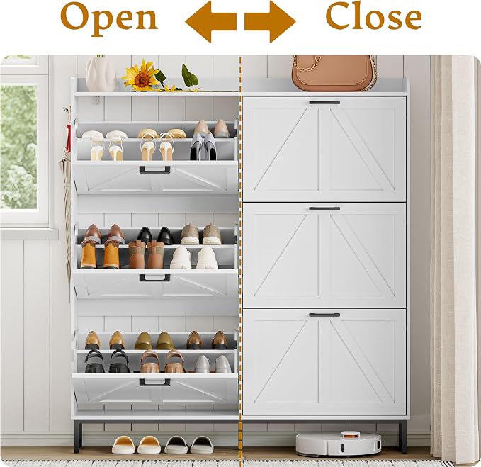 Wodeer Shoe Cabinet Storage for Entryway, Shoe Storage Cabinet with 6 Flip Drawers, Freestanding Narrow Shoe Rack Organizer with Metal Legs, Adjustable Shelves & Open Storage for Foyer, Hallway, White