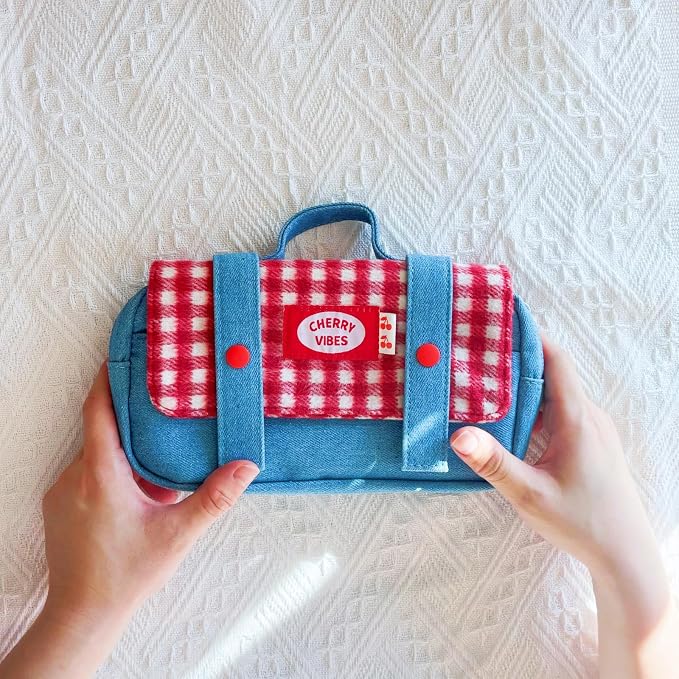 Cute Checkered Pencil Case, Red White Plaid with Denim Patchwork, Large Capacity Gingham Pattern Pen Bag with Handle, Big Stationery Organizer, Multi-Use Storage Pouch, 8.7x1.6x4.7 Inches, Blue