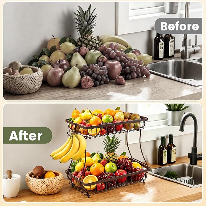 2-Tier Fruit Basket for Kitchen Counter with 2 Banana Hangers | Large Metal Fruit Bowl, Versatile Holder for Veggies, Produce Storage, 12.5"×7.5"×12"-Bronze