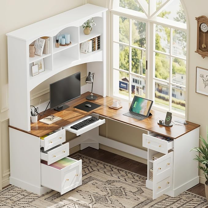 Merax L Shaped Desk White, Corner Computer Desk with Dual Charging Stations & Keyboard Tray, Farmhouse Home Office Desk with Hutch, File Drawer & Storage Cabinet, Space Saving Workstation