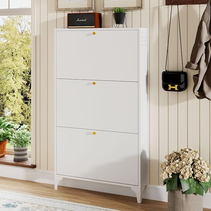Freestanding Shoe Cabinet with 3 Flip Drawers-Metal Narrow Shoe Rack for Entryway,Hallway,Living Room-Hidden Metal Shoe Cabinet (3 Door, White)