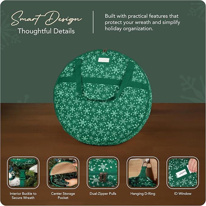 Covermates Keepsakes Wreath Storage Bag – Heavy-Duty Polyester with Buckle Straps & Interior Pouch – Protective Holiday Wreath Organizer with Handles, D-Ring & Label Window, Green Snowflake