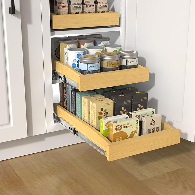 Wooden Pull out Cabinet Organizer 14" W x 21" D x 3.35" H, Heavy Duty Slide Out Drawers Pull-Out Home Organizers for Kitchen Cabinets