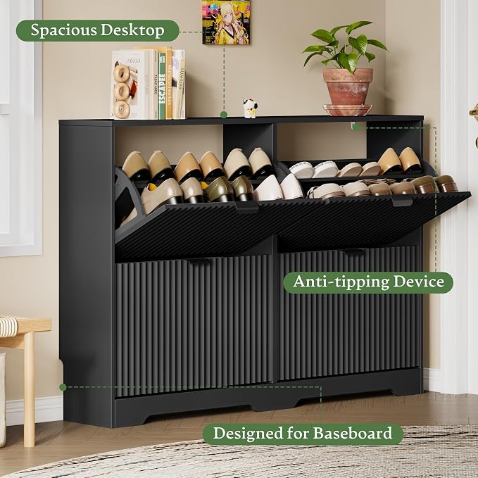 Xixini Shoe Storage Cabinet for Entryway with 4 Flip Drawers, Hidden Slim Wood Shoe Organizer with Modern Fluted Panel, Freestanding Narrow Shoe Rack for Front Door Entrance, Hallway, Foyer, Black