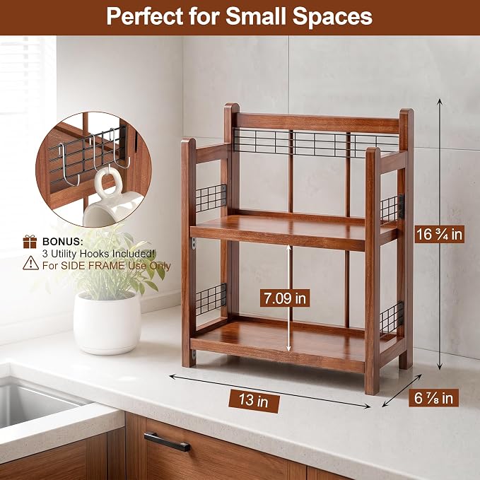 No-Assembly Coffee Bar Organizer, 2-Tier Coffee Station Shelf | Foldable Oak Wood Shelf, Coffee Station Accessories Storage for Syrup, 3 Hooks for Mugs, Kitchen Countertop Organizer, Walnut