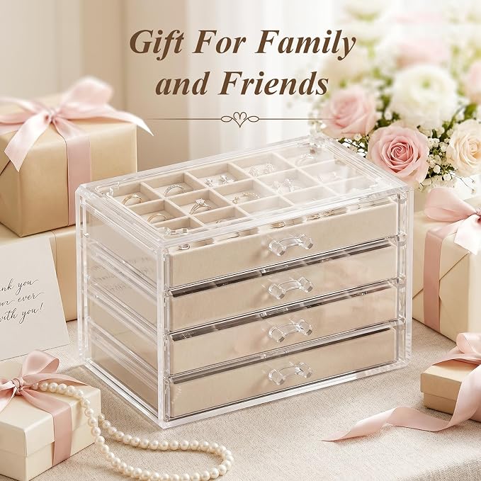Clear Jewelry Box with 4 Drawers, Acrylic Jewelry Organizers and Storage with Velvet Trays, Earring Holder Organizer for Women and Girls, Warm White