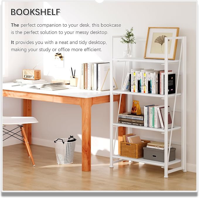 4NM No Assembly Folding Bookshelf Storage Shelves 4 Tiers Vintage Bookcase Standing Racks Study Organizer Home Office (All White)