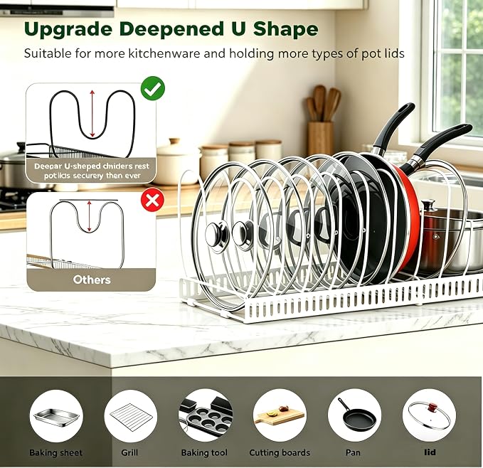 Expandable Pot and Pan Organizer for Cabinet, 14 Adjustable Dividers, Versatile Pan Holder Storage Rack, Extends from 12'' to 23'', Fits Cabinets, Countertops, or Under Sink, White, Iron