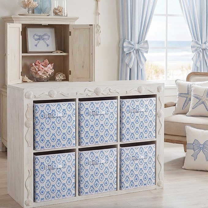 Geelin 6 Pcs Blue Bow Seashell Storage Bins 11 Inch Summer Beach Storage Basket with Handle, Coastal Organizer Basket, Ocean Collapsible Fabric Box for Classroom Bedrooms Office Home Decoration Gift