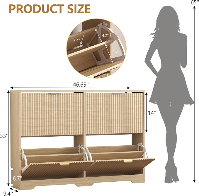 HUANLEGO Shoe Cabinet Storage for Entryway with 4 Flip Drawers, Oak Fluted Shoe Cabinet with Adjustable Shelves, Wooden Hidden Shoes Rack Freestanding Narrow Slim Shoes Storage for Hallway, Entrance