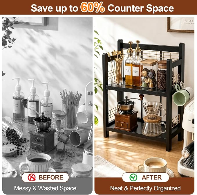 No-Assembly Coffee Bar Organizer, 2-Tier Coffee Station Shelf | Foldable Oak Wood Shelf, Coffee Station Accessories Storage for Syrup & Pods, 3 Hooks for Mugs, Kitchen Spice Rack, Black