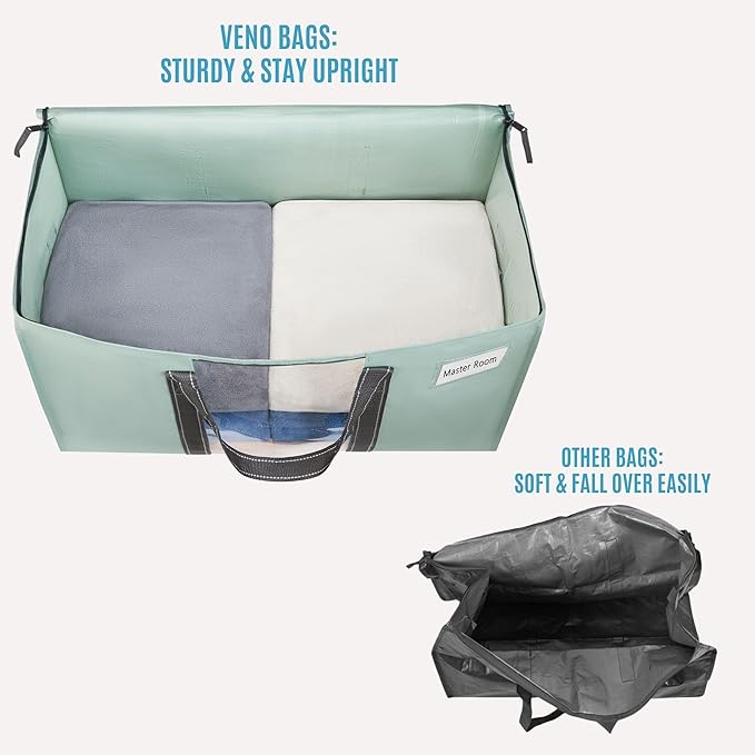 VENO 8 Pack Moving Bags with Clear Window, Heavy Duty Storage Bins with Lid, Around Handles, Tag, Zippers, Extra Large Totes Packing Moving Boxes Supplies for College Dorm Clothes (Light Green)