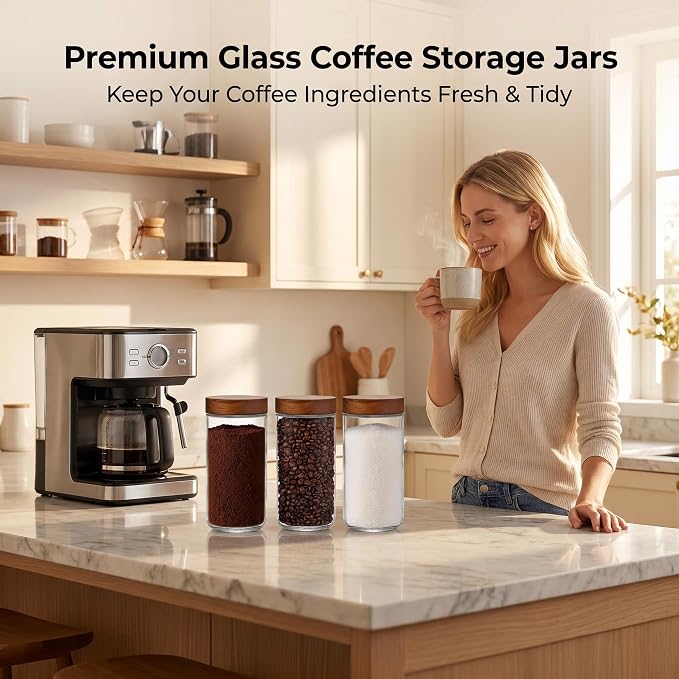Danmu 24 oz Glass Jars with Lids 4 Pack,Acacia Wood Lid | Airtight Canister for Coffee Bean Storage,Pantry,Home Organization,Leakproof,Dishwasher Safe(remove lids),Fridge Safe