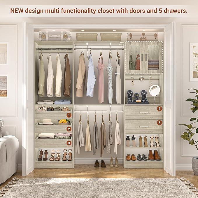 6.7FT-10FT Closet System Set with Half-Open Drawers, 80.5''-120" Wooden Modular Wardrobe Set with Shelving Towers, 80'' Height Closet Organizer with Hanging Rods and 2 Big Wing Shelves, White Oak