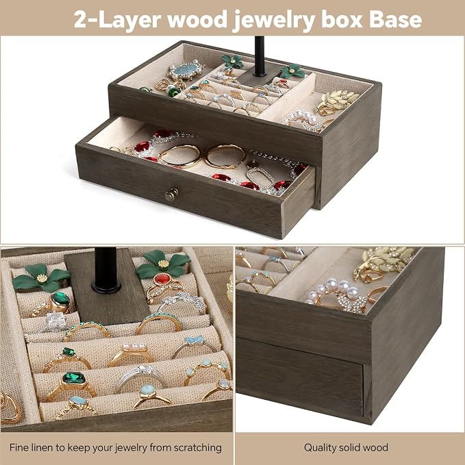Meangood Jewelry Organizer Stand, 3-Tier Necklace Holder Jewelry Tree with Wooden Storage Drawer Box for Necklace Bracelet Earring Ring, Walnut