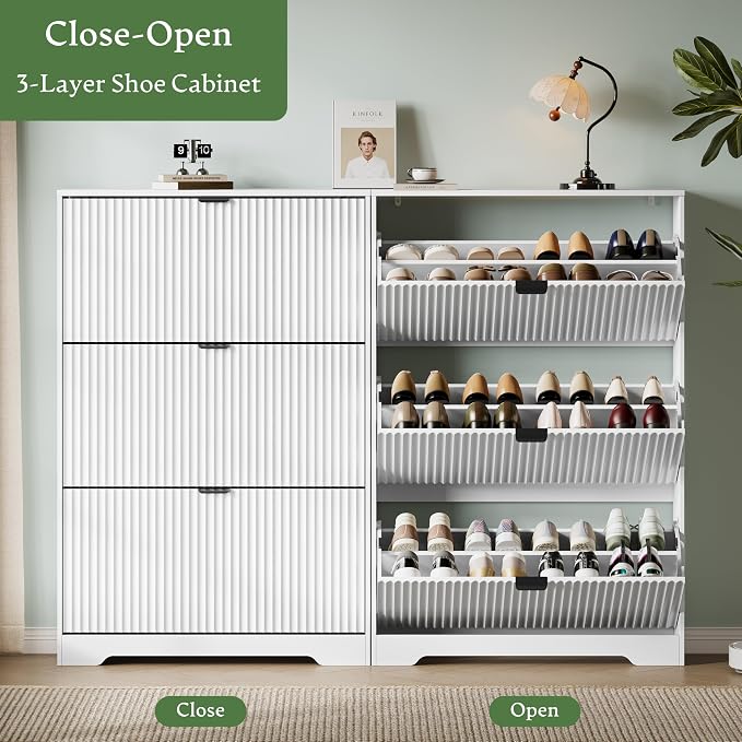 Xixini Shoe Storage Cabinet for Entryway with 3 Flip Drawers, Hidden Slim Wood Shoe Organizer with Modern Fluted Panel, Freestanding Narrow Shoe Rack for Front Door Entrance, Hallway, Foyer, White