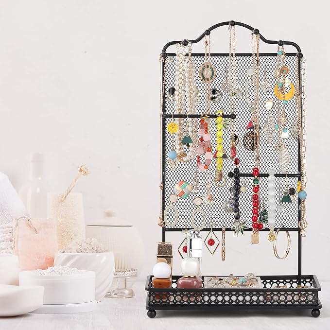 Meangood Black Jewelry Organizer Stand, Earring Holder Rack for Hanging Earrings Necklace Bracelets Watches Jewelry Display Large Rings Storage as Women Gift