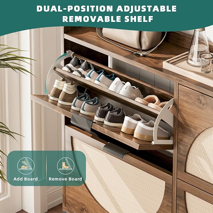 Flip Drawer Shoe Cabinet, Slim Narrow Entryway Storage Furniture with Hidden Flip-Open Organizer, Engineered Wood & Veneer Construction, Hallway Living Room Foyer, 4 Drawer, Oak