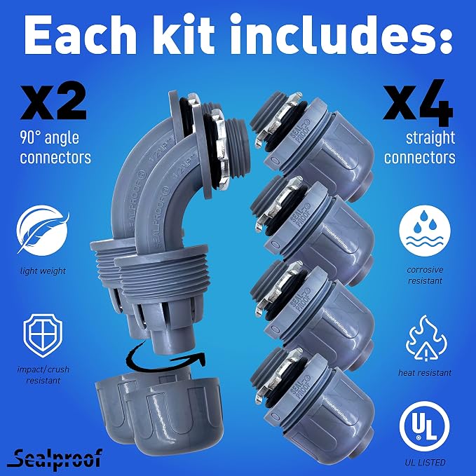 Sealproof 1-1/4 Inch Non-metallic Liquid-Tight Conduit and Connector Kit, 25 Foot Made in USA Flexible Electrical Conduit Type B with 4 Straight and 2 90-Degree Conduit Connector Fittings, 1.25" Dia