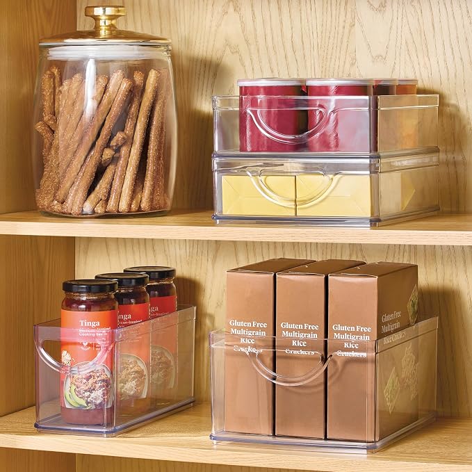 iDesign Plastic Stackable Pantry Bin, Set of 4, Clear | Storage Bin with Handles, For Cabinets or Fridge