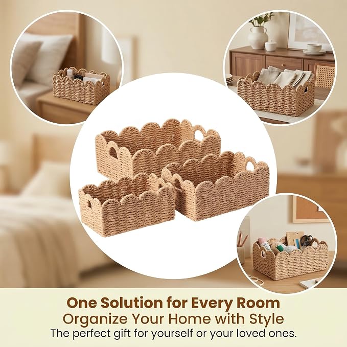 Scalloped Wicker Baskets, Set of 3 Hand-Woven Storage Baskets with Handles - Paper Rope Shelf Organizers & Decorative Baskets for Shelves, Closet, Bathroom (Tan）