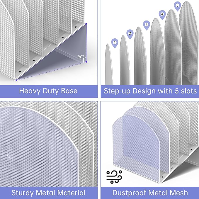 File Organizer for Desk, 5-Section Mesh Mail Holder, White | Mesh file organizer for desk, mail organizer and folder holder for A4/letter papers, notebooks, binders and office supplies