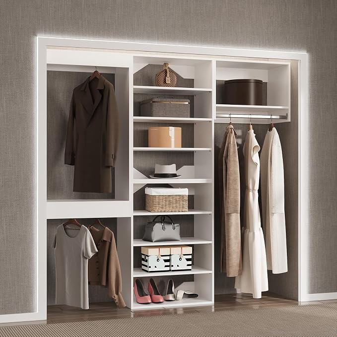 Modular Closet System, 66" Wide Closet Organizer System with Towers and Hanging, Wood Closet Tower Storage for Walk In Closets, Wall Mounted Wardrobe Organizer Kit System, Bedroom, White