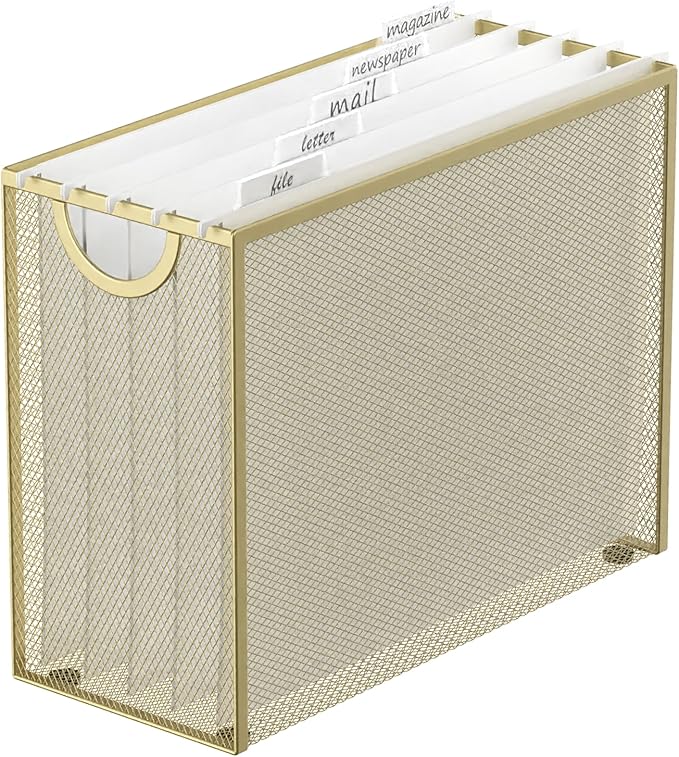 Sinboun Hanging File Organizer Letter-Size File Holder Filing Box Includes 5 Hanging Folders - Metal Mesh Magazine Letter Storage Cabinets File Cart for Office Home School, No Assembly Required Gold