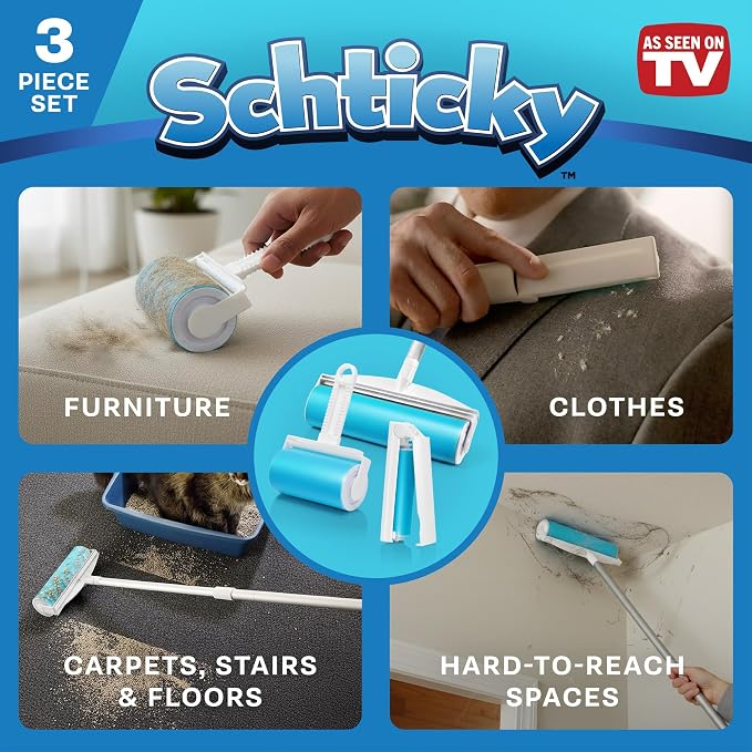 Schticky Lint Roller Set - Reusable & Washable Lint Roller Cleaner for Clothes Sofa Furniture Car Cat Dog Hair - Clean in a Quicky with Schticky (3 Piece Set)