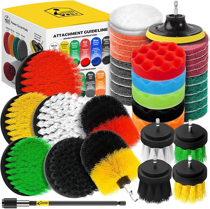 Holikme 40 Piece Drill Brush Attachment Set Scrub Pads Scouring Pads Power Scrubber Brush with Extend Long Attachment All Purpose Clean for Car Detailing，Grout, Tiles, Bathroom, Kitchen | 11 nylon brushes, 20 scouring pads, 5 sponges, 2 wool pads, 4-in...
